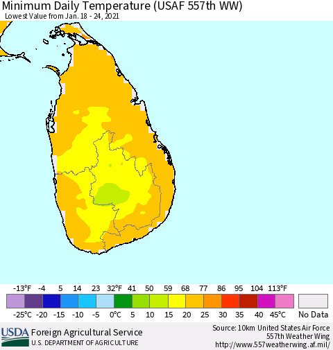 Sri Lanka Extreme Minimum Temperature (USAF 557th WW) Thematic Map For 1/18/2021 - 1/24/2021