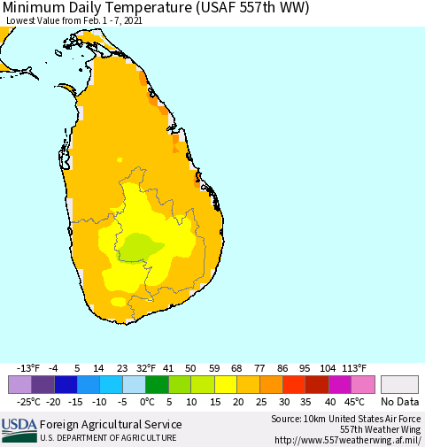 Sri Lanka Extreme Minimum Temperature (USAF 557th WW) Thematic Map For 2/1/2021 - 2/7/2021