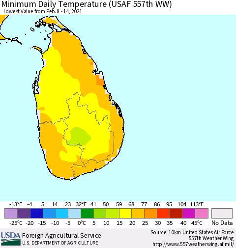 Sri Lanka Extreme Minimum Temperature (USAF 557th WW) Thematic Map For 2/8/2021 - 2/14/2021