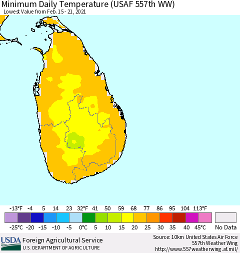 Sri Lanka Extreme Minimum Temperature (USAF 557th WW) Thematic Map For 2/15/2021 - 2/21/2021