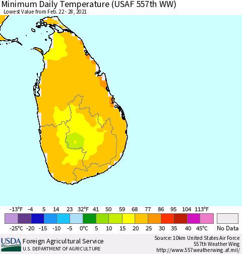 Sri Lanka Extreme Minimum Temperature (USAF 557th WW) Thematic Map For 2/22/2021 - 2/28/2021