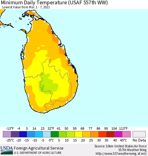 Sri Lanka Extreme Minimum Temperature (USAF 557th WW) Thematic Map For 3/1/2021 - 3/7/2021