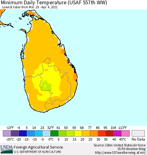 Sri Lanka Extreme Minimum Temperature (USAF 557th WW) Thematic Map For 3/29/2021 - 4/4/2021