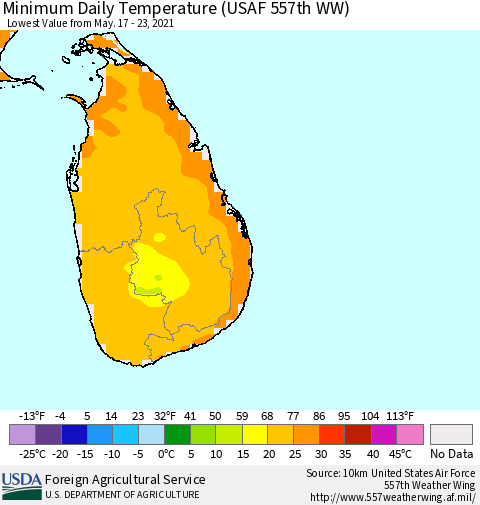 Sri Lanka Extreme Minimum Temperature (USAF 557th WW) Thematic Map For 5/17/2021 - 5/23/2021