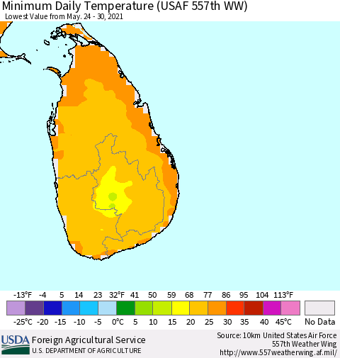 Sri Lanka Minimum Daily Temperature (USAF 557th WW) Thematic Map For 5/24/2021 - 5/30/2021