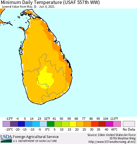 Sri Lanka Extreme Minimum Temperature (USAF 557th WW) Thematic Map For 5/31/2021 - 6/6/2021