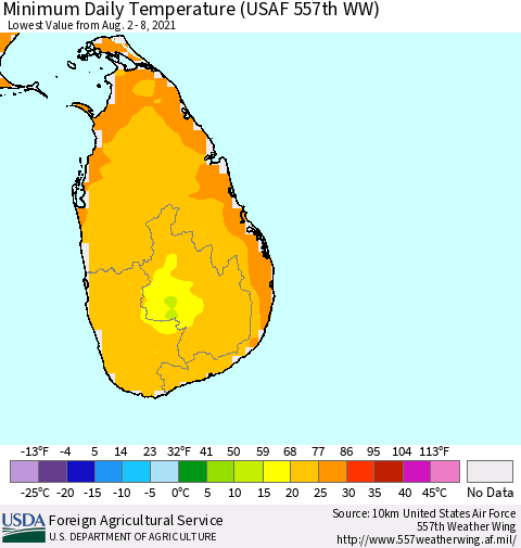 Sri Lanka Minimum Daily Temperature (USAF 557th WW) Thematic Map For 8/2/2021 - 8/8/2021