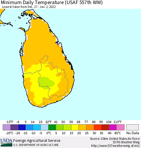 Sri Lanka Extreme Minimum Temperature (USAF 557th WW) Thematic Map For 12/27/2021 - 1/2/2022