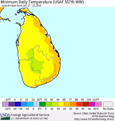Sri Lanka Minimum Daily Temperature (USAF 557th WW) Thematic Map For 1/17/2022 - 1/23/2022