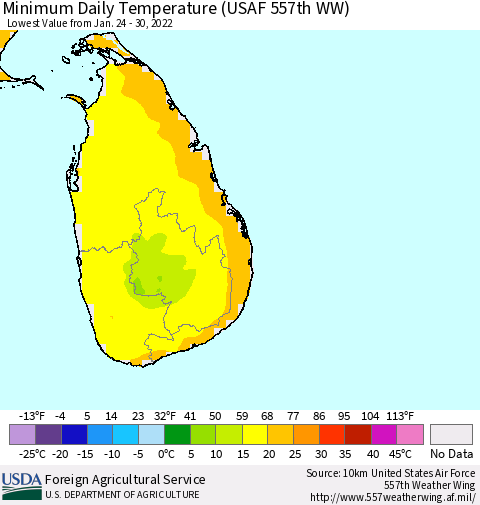 Sri Lanka Minimum Daily Temperature (USAF 557th WW) Thematic Map For 1/24/2022 - 1/30/2022