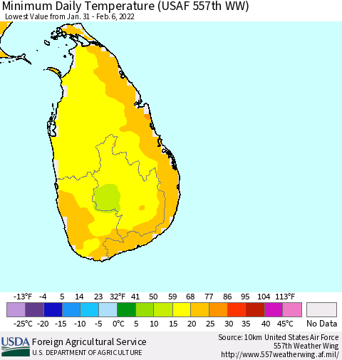 Sri Lanka Minimum Daily Temperature (USAF 557th WW) Thematic Map For 1/31/2022 - 2/6/2022