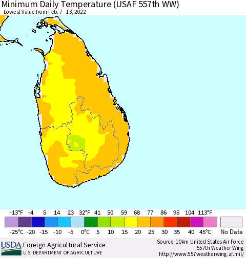 Sri Lanka Minimum Daily Temperature (USAF 557th WW) Thematic Map For 2/7/2022 - 2/13/2022