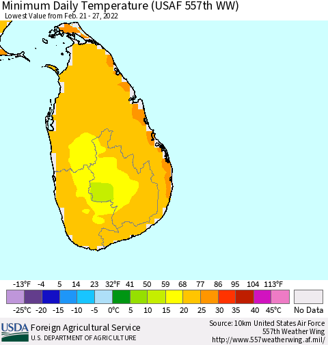 Sri Lanka Minimum Daily Temperature (USAF 557th WW) Thematic Map For 2/21/2022 - 2/27/2022