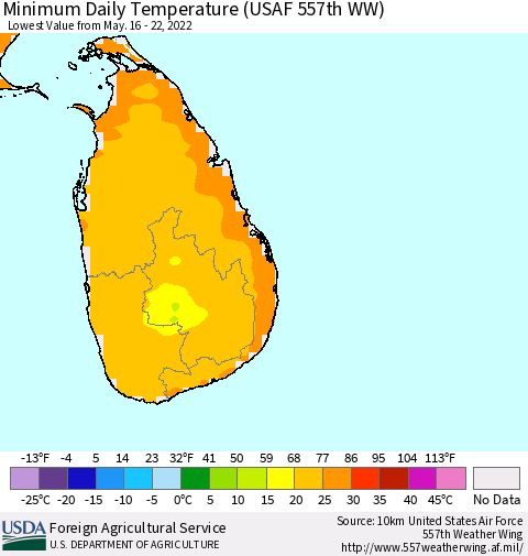 Sri Lanka Extreme Minimum Temperature (USAF 557th WW) Thematic Map For 5/16/2022 - 5/22/2022
