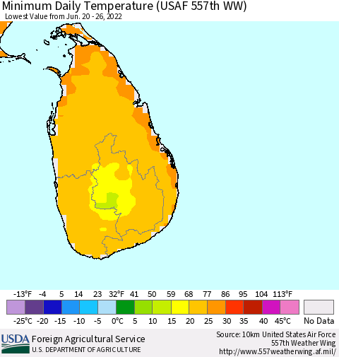 Sri Lanka Extreme Minimum Temperature (USAF 557th WW) Thematic Map For 6/20/2022 - 6/26/2022