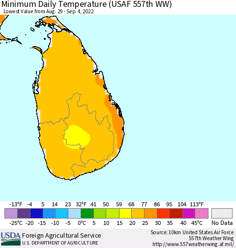 Sri Lanka Minimum Daily Temperature (USAF 557th WW) Thematic Map For 8/29/2022 - 9/4/2022