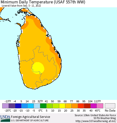Sri Lanka Minimum Daily Temperature (USAF 557th WW) Thematic Map For 9/5/2022 - 9/11/2022
