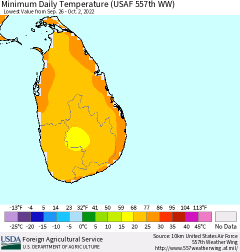 Sri Lanka Minimum Daily Temperature (USAF 557th WW) Thematic Map For 9/26/2022 - 10/2/2022
