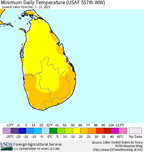 Sri Lanka Minimum Daily Temperature (USAF 557th WW) Thematic Map For 12/5/2022 - 12/11/2022
