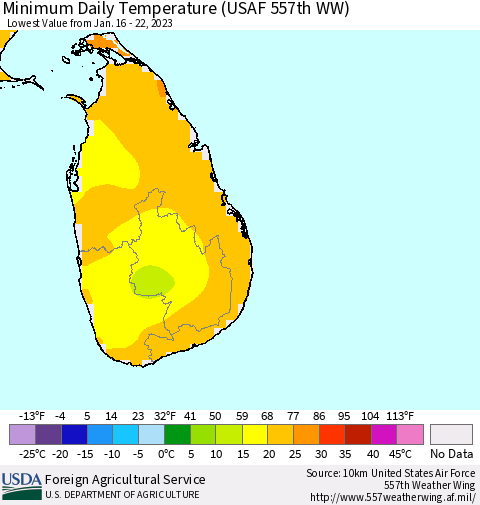 Sri Lanka Minimum Daily Temperature (USAF 557th WW) Thematic Map For 1/16/2023 - 1/22/2023