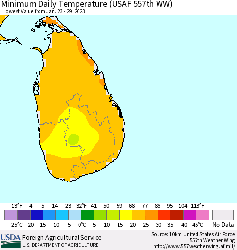 Sri Lanka Minimum Daily Temperature (USAF 557th WW) Thematic Map For 1/23/2023 - 1/29/2023