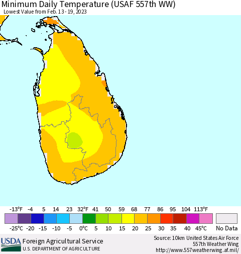 Sri Lanka Minimum Daily Temperature (USAF 557th WW) Thematic Map For 2/13/2023 - 2/19/2023