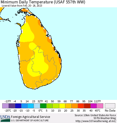 Sri Lanka Minimum Daily Temperature (USAF 557th WW) Thematic Map For 2/20/2023 - 2/26/2023