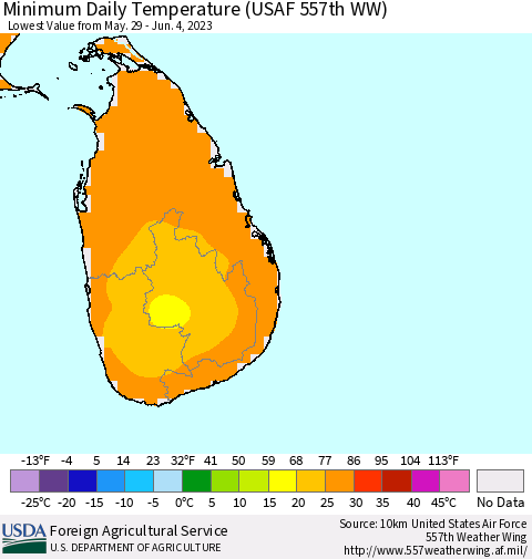 Sri Lanka Minimum Daily Temperature (USAF 557th WW) Thematic Map For 5/29/2023 - 6/4/2023