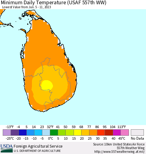 Sri Lanka Minimum Daily Temperature (USAF 557th WW) Thematic Map For 6/5/2023 - 6/11/2023
