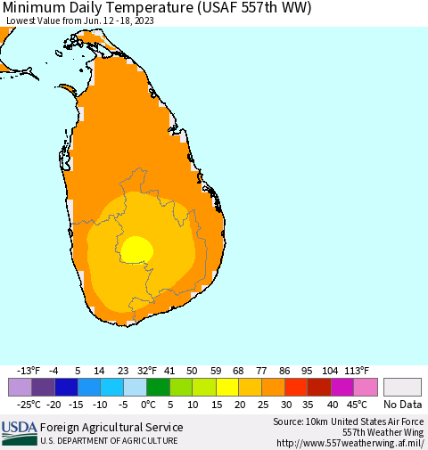 Sri Lanka Minimum Daily Temperature (USAF 557th WW) Thematic Map For 6/12/2023 - 6/18/2023