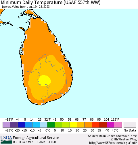 Sri Lanka Minimum Daily Temperature (USAF 557th WW) Thematic Map For 6/19/2023 - 6/25/2023