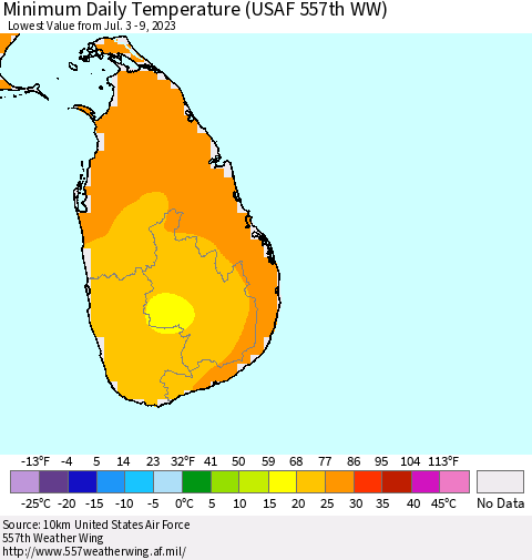 Sri Lanka Minimum Daily Temperature (USAF 557th WW) Thematic Map For 7/3/2023 - 7/9/2023