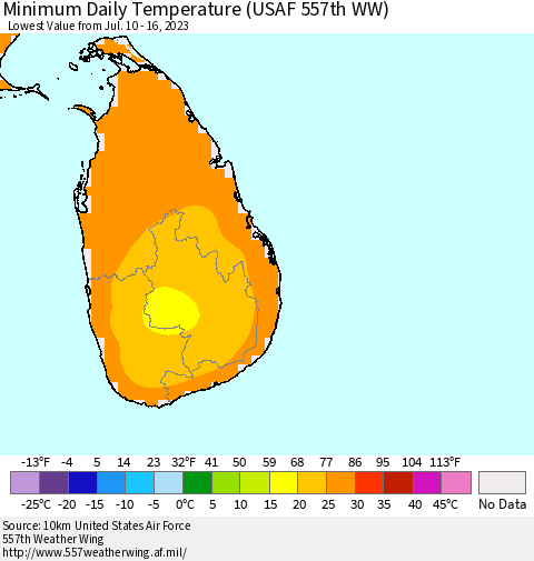 Sri Lanka Minimum Daily Temperature (USAF 557th WW) Thematic Map For 7/10/2023 - 7/16/2023