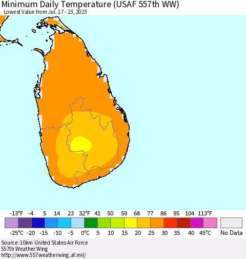 Sri Lanka Minimum Daily Temperature (USAF 557th WW) Thematic Map For 7/17/2023 - 7/23/2023