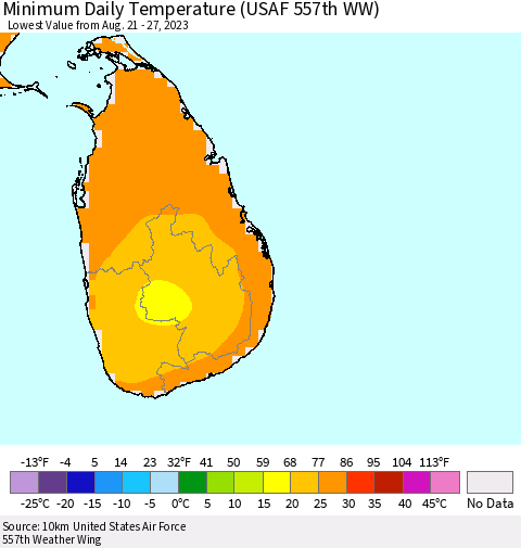 Sri Lanka Minimum Daily Temperature (USAF 557th WW) Thematic Map For 8/21/2023 - 8/27/2023