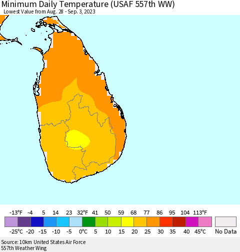 Sri Lanka Minimum Daily Temperature (USAF 557th WW) Thematic Map For 8/28/2023 - 9/3/2023