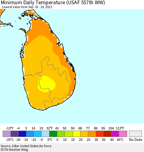 Sri Lanka Minimum Daily Temperature (USAF 557th WW) Thematic Map For 9/18/2023 - 9/24/2023