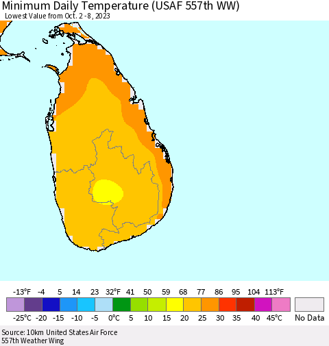 Sri Lanka Minimum Daily Temperature (USAF 557th WW) Thematic Map For 10/2/2023 - 10/8/2023