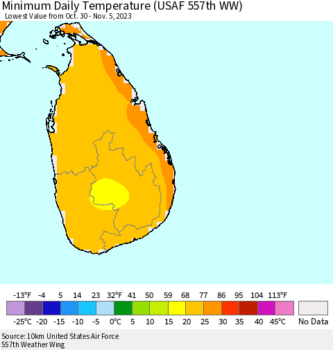 Sri Lanka Minimum Daily Temperature (USAF 557th WW) Thematic Map For 10/30/2023 - 11/5/2023