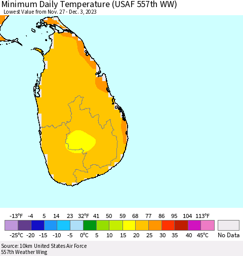 Sri Lanka Minimum Daily Temperature (USAF 557th WW) Thematic Map For 11/27/2023 - 12/3/2023
