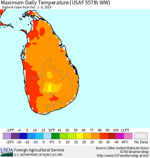 Sri Lanka Extreme Maximum Temperature (USAF 557th WW) Thematic Map For 12/2/2019 - 12/8/2019