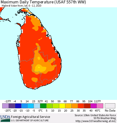 Sri Lanka Extreme Maximum Temperature (USAF 557th WW) Thematic Map For 1/6/2020 - 1/12/2020