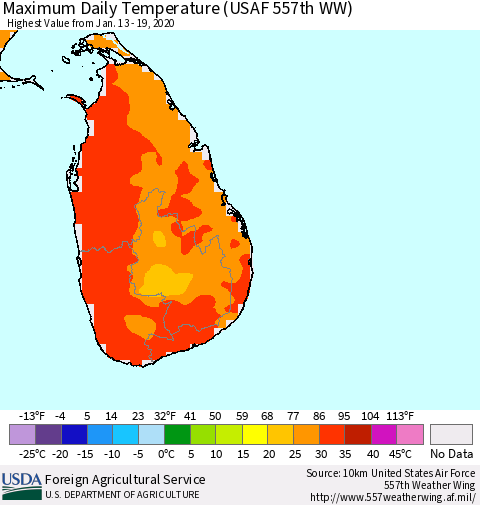 Sri Lanka Extreme Maximum Temperature (USAF 557th WW) Thematic Map For 1/13/2020 - 1/19/2020