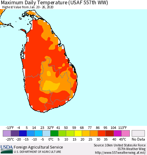 Sri Lanka Maximum Daily Temperature (USAF 557th WW) Thematic Map For 1/20/2020 - 1/26/2020