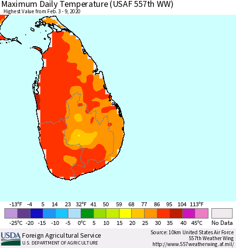 Sri Lanka Extreme Maximum Temperature (USAF 557th WW) Thematic Map For 2/3/2020 - 2/9/2020