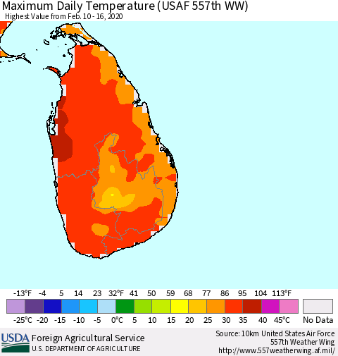 Sri Lanka Extreme Maximum Temperature (USAF 557th WW) Thematic Map For 2/10/2020 - 2/16/2020