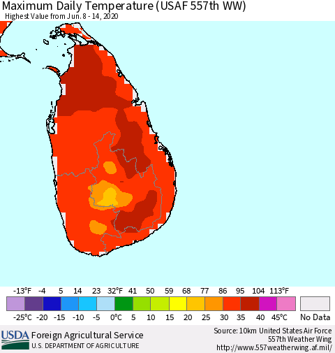 Sri Lanka Maximum Daily Temperature (USAF 557th WW) Thematic Map For 6/8/2020 - 6/14/2020