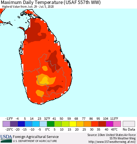 Sri Lanka Maximum Daily Temperature (USAF 557th WW) Thematic Map For 6/29/2020 - 7/5/2020
