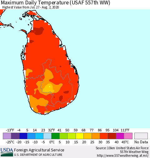 Sri Lanka Extreme Maximum Temperature (USAF 557th WW) Thematic Map For 7/27/2020 - 8/2/2020