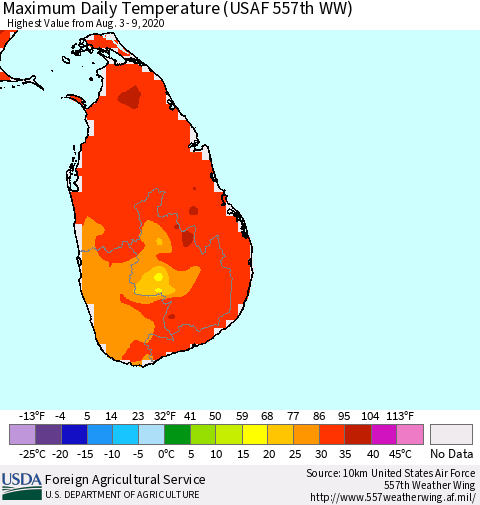 Sri Lanka Extreme Maximum Temperature (USAF 557th WW) Thematic Map For 8/3/2020 - 8/9/2020